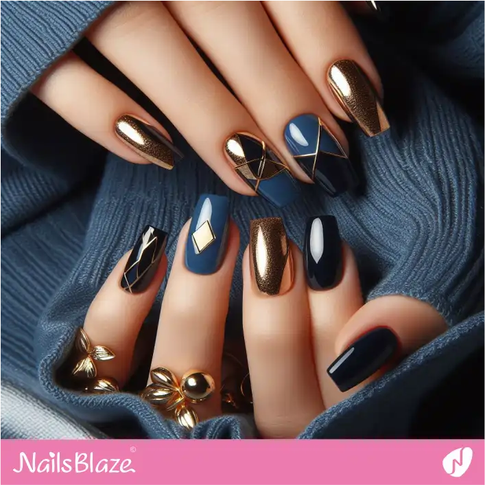 Geometric Patterns on Blue and Gold Nails | Foil Nails - NB4104